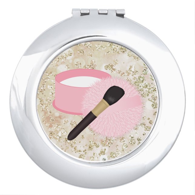 Pink Powder Puff Gold Bokeh Bling Vanity Mirror (Front)