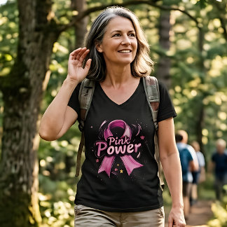 Pink Power Cancer Awareness Ribbon V-Neck T-Shirt