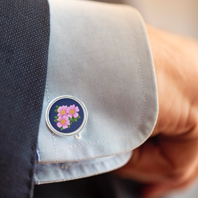 Pink Prairie Rose Floral  on Navy Blue Cufflinks (Creator Uploaded)