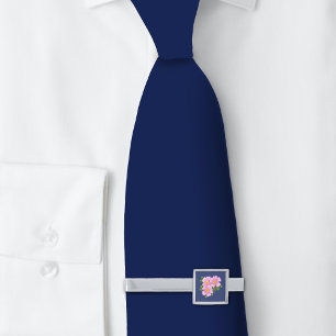 Pink Prairie Rose Floral on Navy Blue Silver Finish Tie Bar