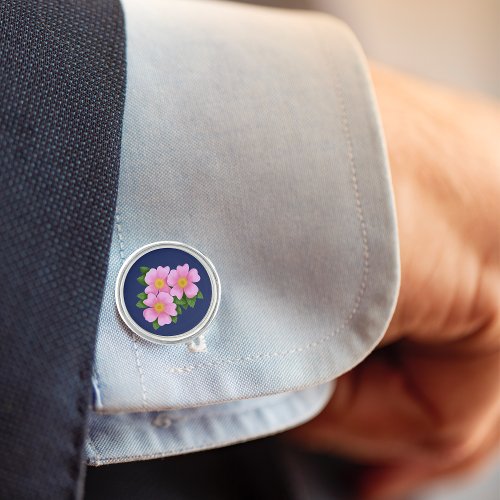 Pink Prairie Rose Floral Pattern on Navy Blue Cufflinks