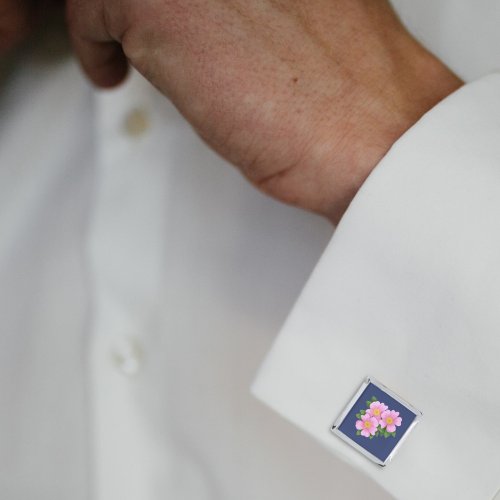 Pink Prairie Rose Floral Pattern on Navy Blue Cufflinks