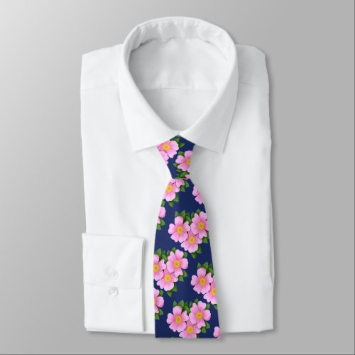 Pink Prairie Rose Floral Pattern on Navy Blue Neck Tie
