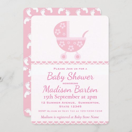 Pink Pram Cute Girl Baby Shower Invitation