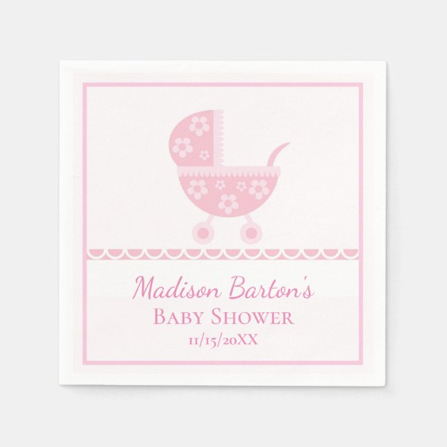 Pink Pram Cute Girl Baby Shower Napkins (Front)