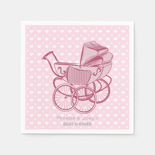 Pink Pram Hearts Baby Shower Personalized Elegant Napkins (Front)