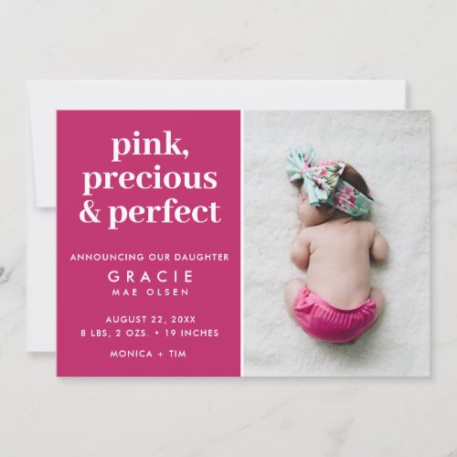 Pink Precious Perfect Baby Girl Photo Birth Announcement