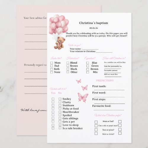 Pink Predictions and advice game for Baptism