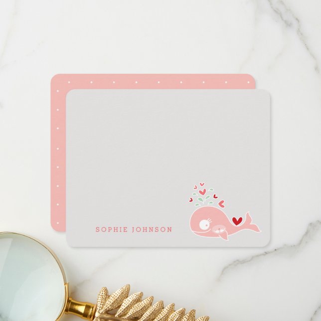 Pink Pregnant Mommy Whale With Twins Baby Shower Thank You Card (Front/Back In Situ)