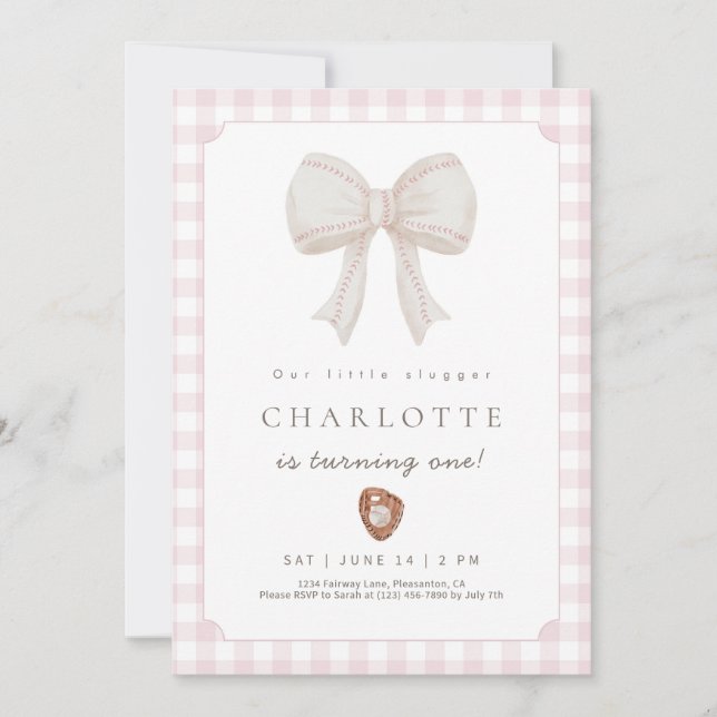 Pink Preppy Baseball Bow Birthday Invitation (Front)