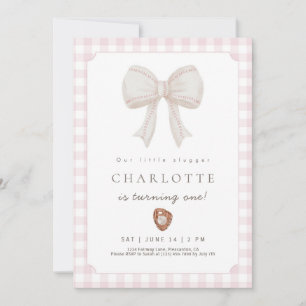 Pink Preppy Baseball Bow Birthday Invitation