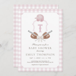 Pink Preppy Baseball Crest Baby Shower Invitation