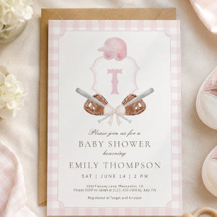 Pink Preppy Baseball Crest Baby Shower Invitation