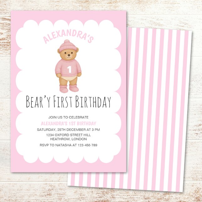 Pink Preppy Bear Beary First Birthday Invitation (Creator Uploaded)