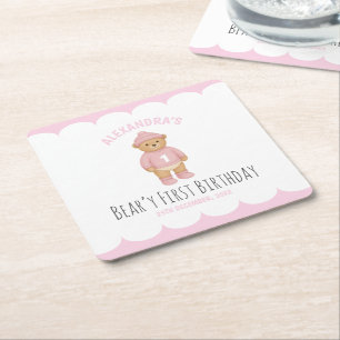 Pink Preppy Bear Beary First Birthday Square Paper Coaster