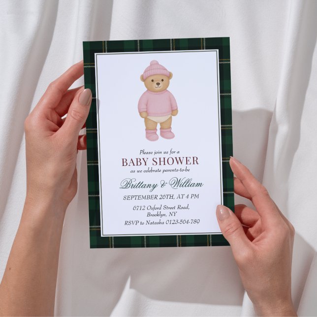 Pink Preppy Bear Designer Plaid Baby Shower Invitation (Creator Uploaded)