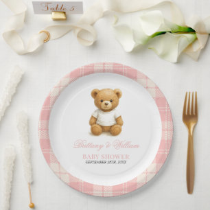 Pink Preppy Bear Elegant Plaid Baby Shower   Paper Plates