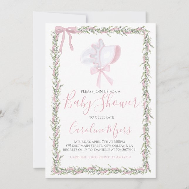 Pink Preppy Bonnet Girl Baby Shower  Invitation (Front)