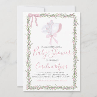 Pink Preppy Bonnet Girl Baby Shower Invitation