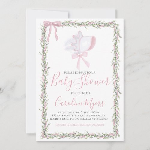 Pink Preppy Bonnet Girl Baby Shower  Invitation