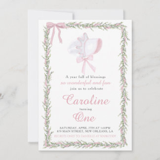 Pink Preppy Bonnet Girl First Birthday Invitation