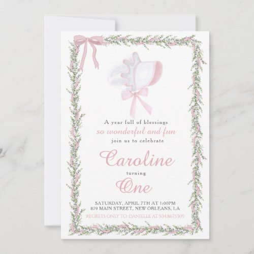 Pink Preppy Bonnet Girl First Birthday Invitation