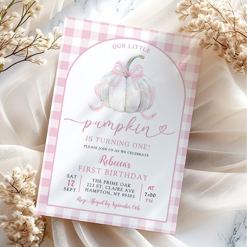 Pink Preppy Bow Arch Pumpkin Birthday Invitation