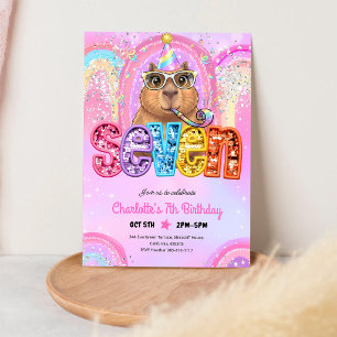 Pink Preppy Capybara 7th Birthday Invitation