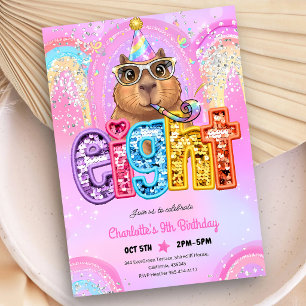 Pink Preppy Capybara 8th Birthday Invitation