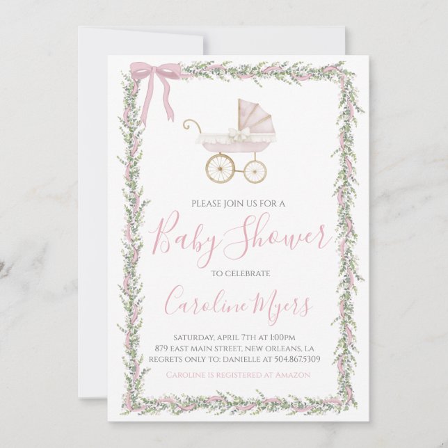 Pink Preppy Carriage Baby Girl Shower Invitation (Front)
