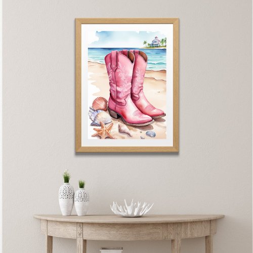 Pink Preppy Coastal Cowgirl Boots Sand Ocean Beach Poster