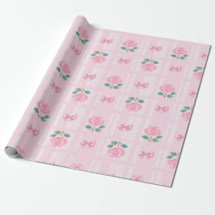 Pink Preppy Coquette Ribbon and Rose Wrapping Paper