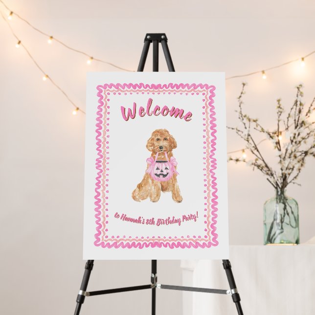 Pink Preppy Dog Pumpkin Halloween Party Sign (In Situ (Stand))