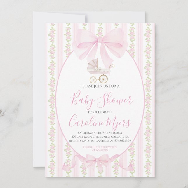 Pink Preppy Floral Coquette Baby Girl Carriage Invitation (Front)
