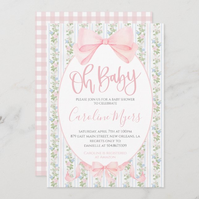 Pink Preppy Floral Coquette Bow Baby Girl Invitation (Front/Back)