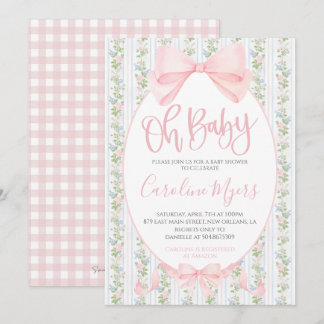 Pink Preppy Floral Coquette Bow Baby Girl Invitation