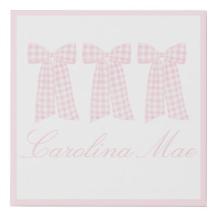 Pink Preppy Gingham Bows Custom Name Wallart  Faux Canvas Print
