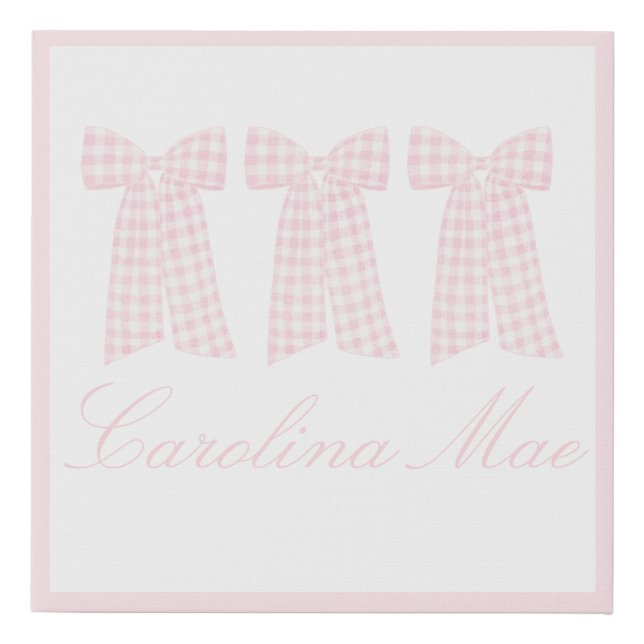 Pink Preppy Gingham Bows Custom Name Wallart  Faux Canvas Print (Front)