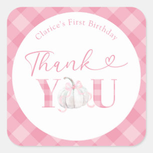Pink Preppy Girl Pumpkin Birthday Thank You  Square Sticker