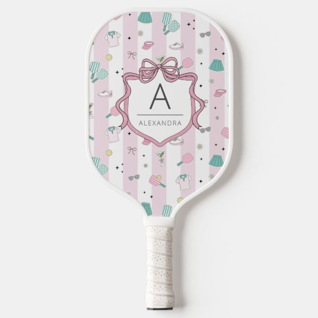 Pink Preppy Monogram Print Carbon Fiber Pickleball Paddle (Front)