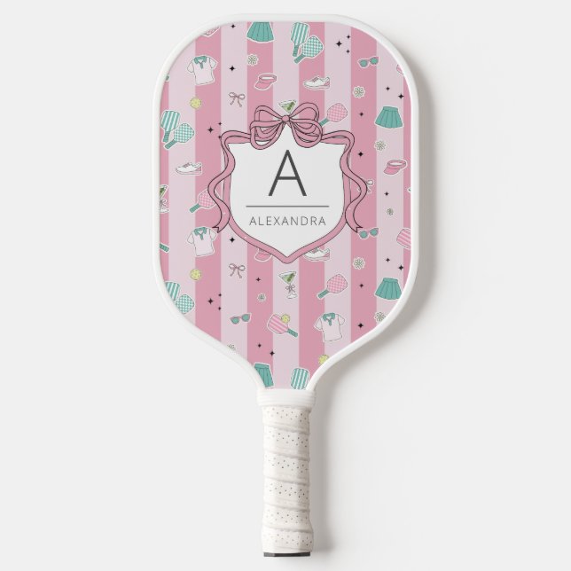 Pink Preppy Monogram Print Carbon Fiber Pickleball Paddle (Front)