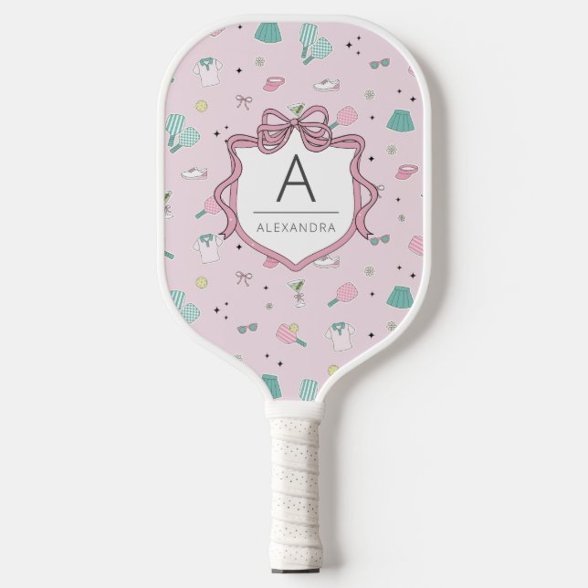 Pink Preppy Monogram Print Carbon Fiber Pickleball Paddle (Front)