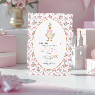 Pink Preppy One Silly Goose Bow 1st Birthday Invitation