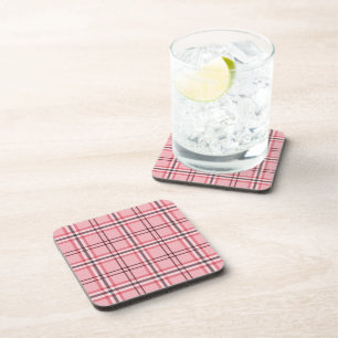 Pink Preppy Plaid Checkered Pattern Beverage Coaster