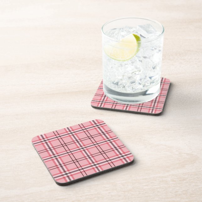 Pink Preppy Plaid Checkered Pattern Beverage Coaster (Right Side)