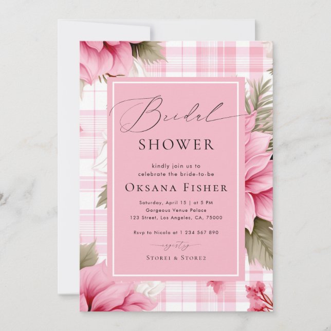 Pink Preppy Plaid Christmas Floral Bridal Shower Invitation (Front)