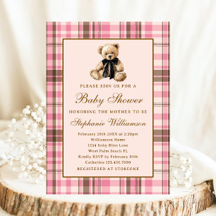 Pink Preppy Plaid Vintage Teddy Bear Baby Shower Invitation