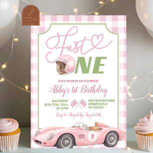 Pink Preppy Retro Fast ONE Birthday Invitation