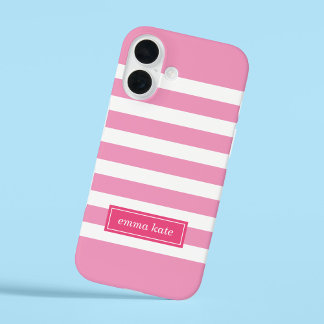Pink Preppy Stripes Monogram iPhone 16 Case
