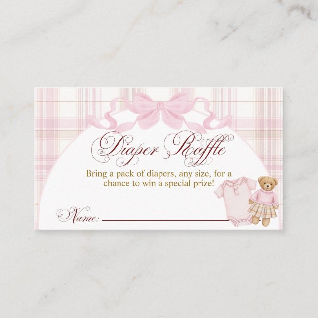 Pink Preppy Teddy Bear Girl Baby Shower diaper  Enclosure Card (Front)